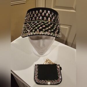 Elegant Black Rhinestone Sun Visor and Pouch Set
